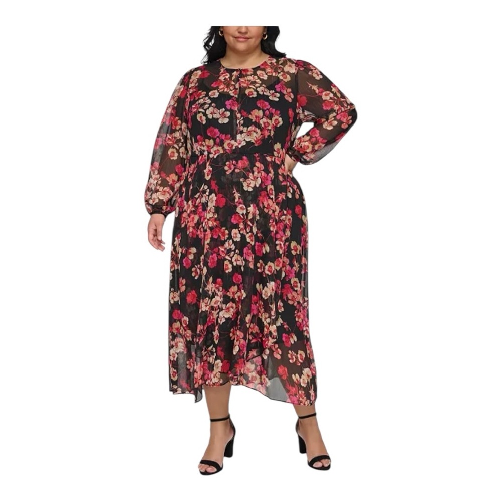 Tommy Hilfiger Floral Black and Red Poppy Metallic Long Sleeve Chiffon Dress 20W